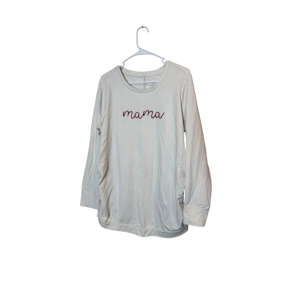 Isabel Maternity Shirt Womens Large White Mama Embroidered Long Sleeve Tunic Top
